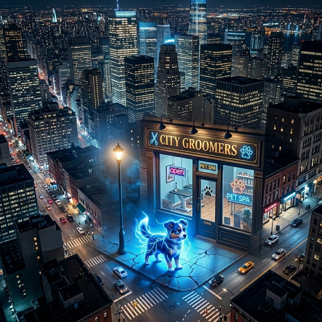 Aerial night view of a city block with a glowing neon pet grooming shop