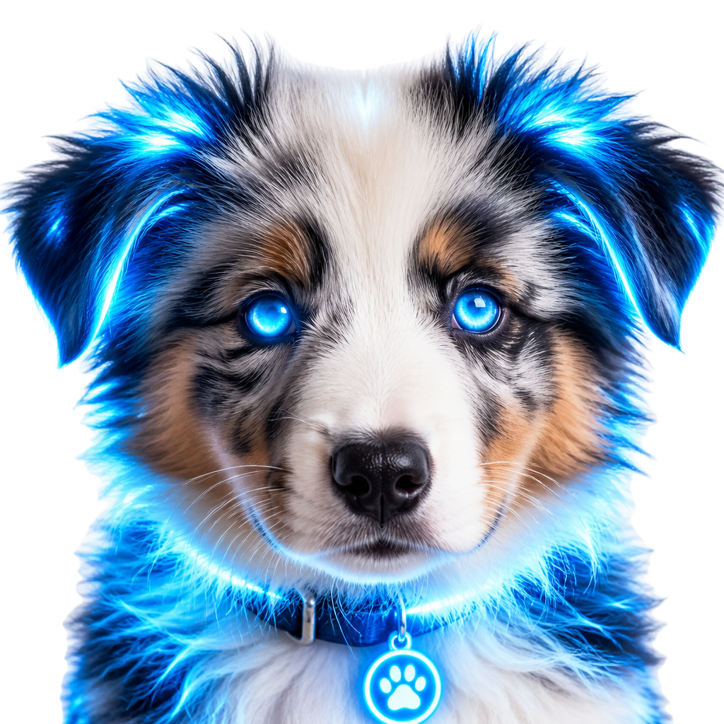 Dutch, the neon-blue Only4Paws guide dog, smiling head-on